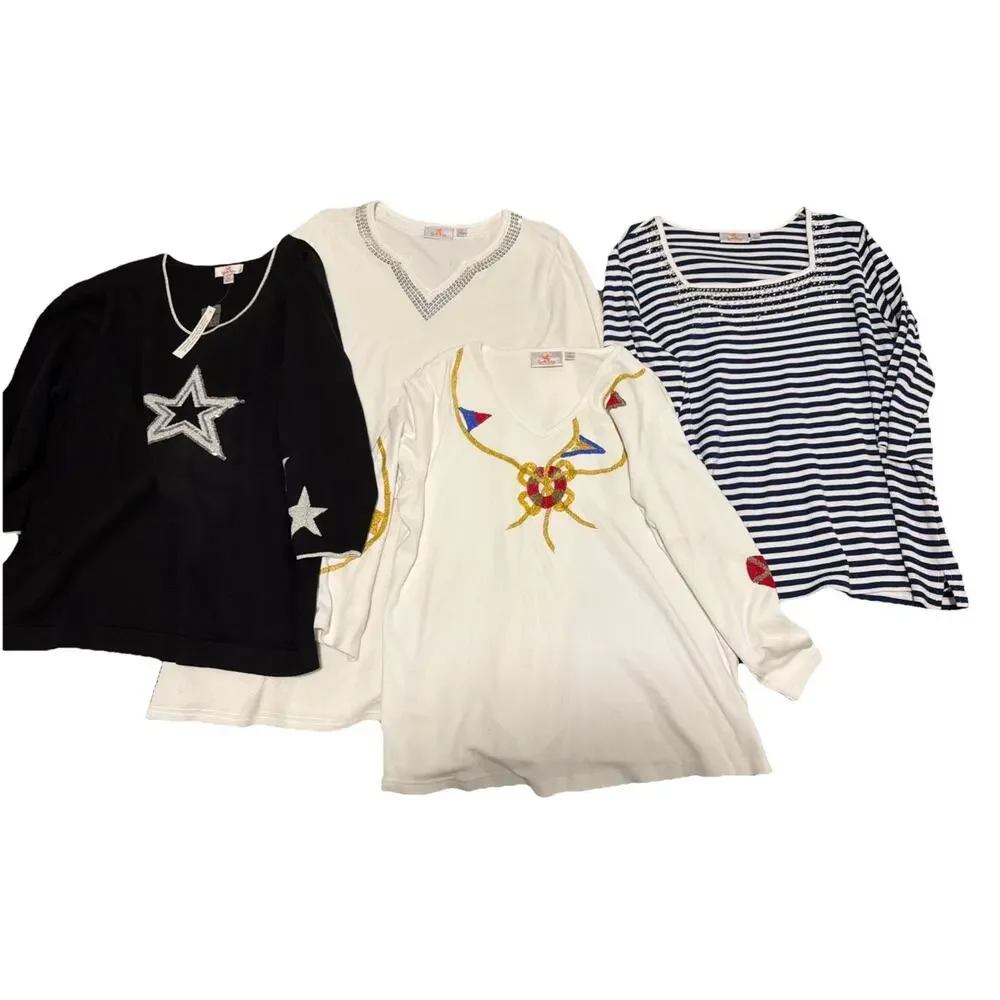 Quacker Factory Lot of 4 Women's XL Tops And Swim Cover Up Studded Nautical Star - Picture 1 of 15